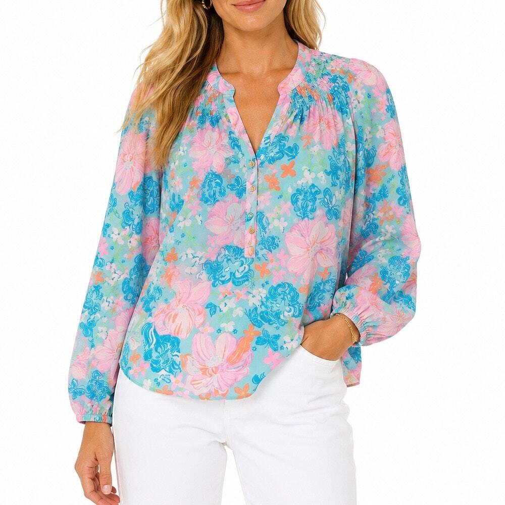 Lilly Pulitzer Elsa Smocked Top XL Surf Blue Luscious Lions 100% Silk Floral